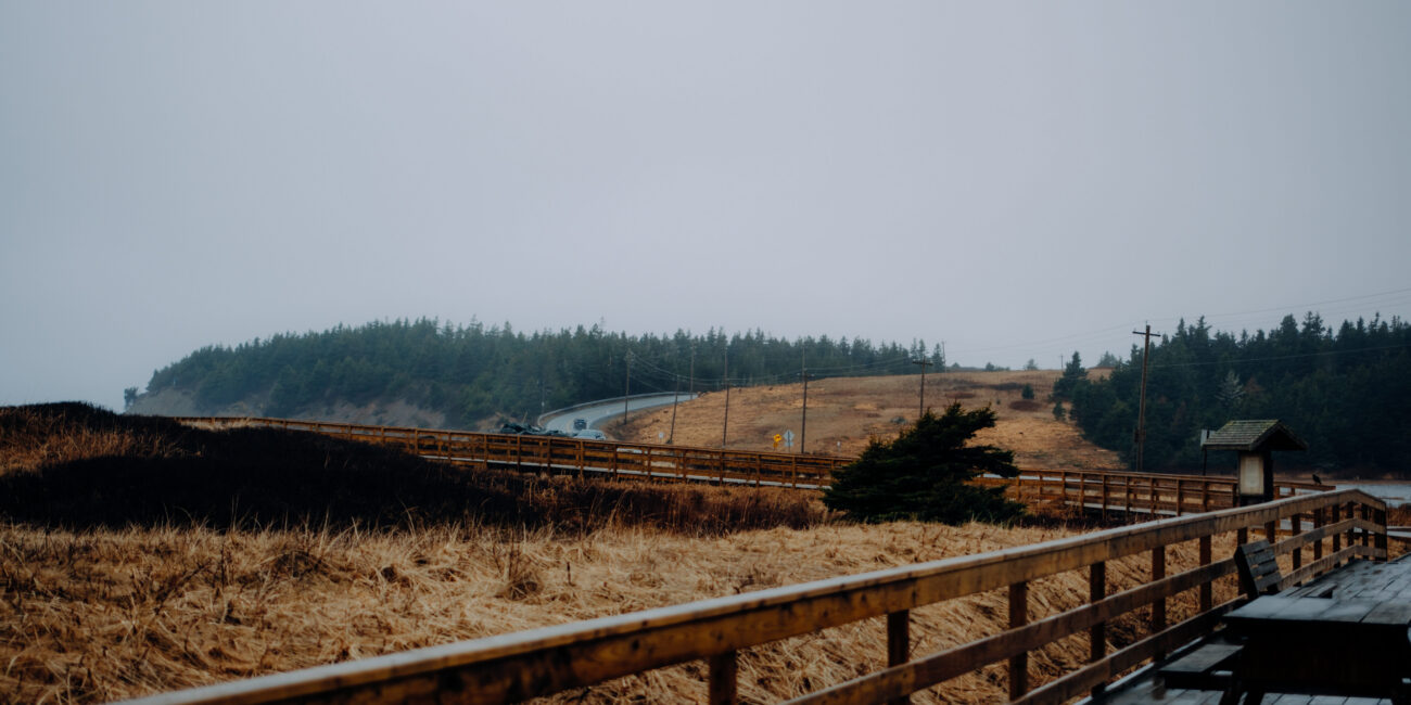 Rainy day at Lawrencetown Beach with a wooden boardwalk, wet deck, and coastal landscape under grey skies.