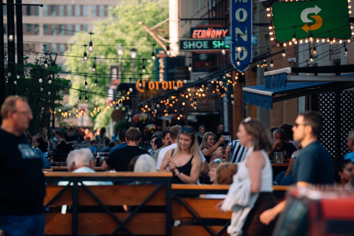 People on Argyle Street patios in Downtown Halifax