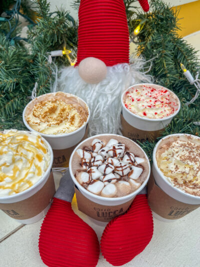 Five Evergreen Hot Chocolates: Classic, Candy Cane, Chocolate Orange, Salted Caramel, and Gingerbread - Caffè Lucca image