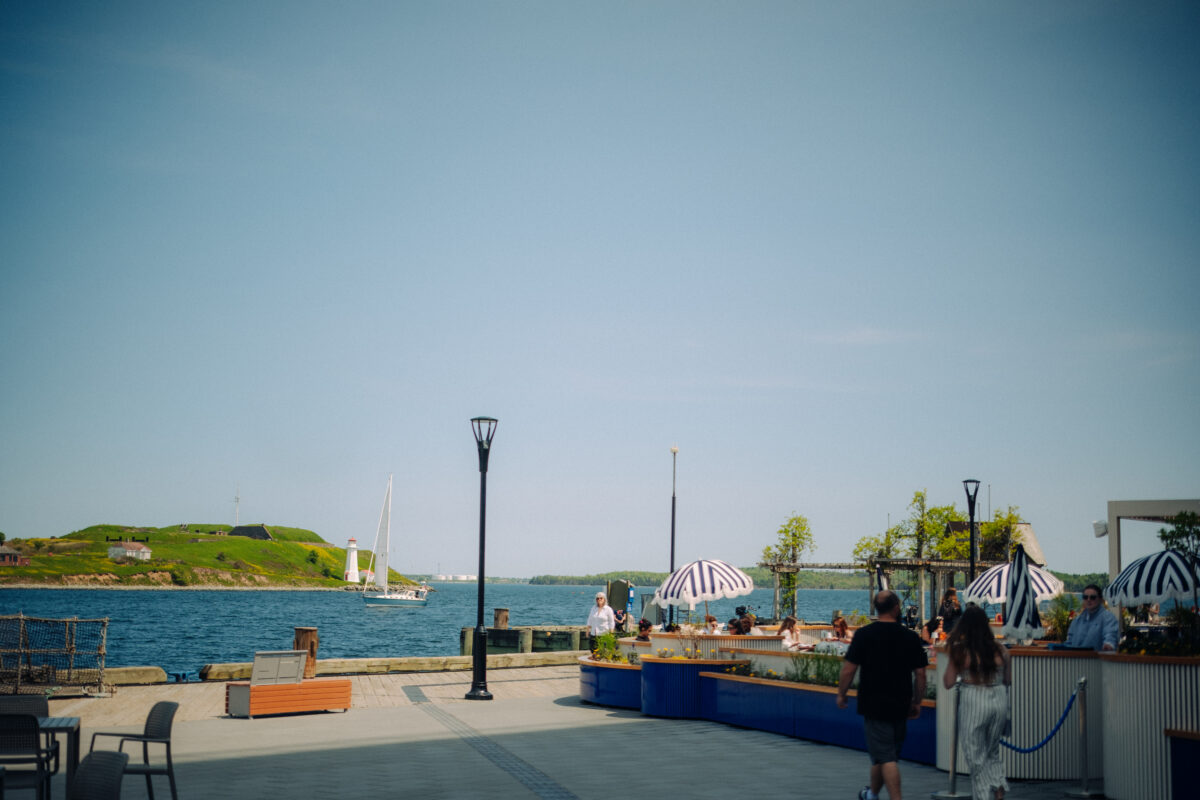 View of the Cunard District on the Halifax Waterfront with harbour views and Georges Island in the distance.