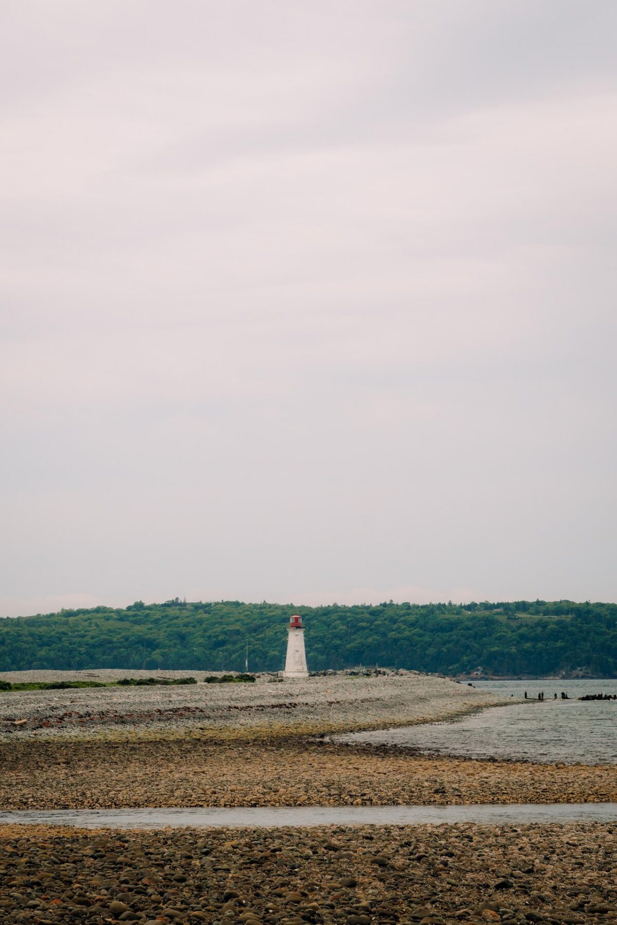 View of McNabs Island, Nova Scotia, showing a white lighthouse with a red top standing on a rocky, exposed shoreline at low tide, with a forested hillside in the background under an overcast sky.