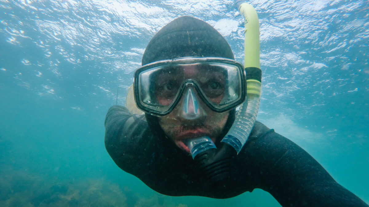 Underwater close-up of Saltwater Sean snorkeling in clear coastal water, wearing a black wetsuit, mask, and snorkel, looking directly at the camera with the water’s surface visible above.