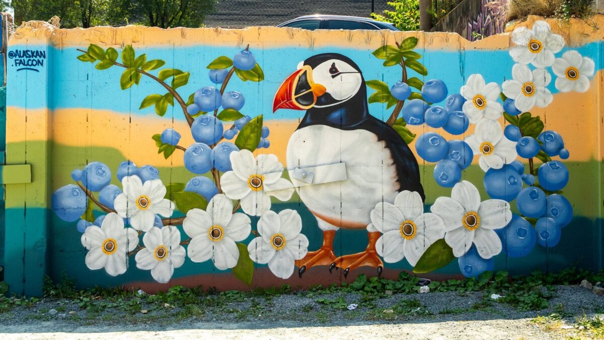 A colourful mural of a puffin standing among branches of blueberries and white flowers, set against a soft striped background, painted on a wooden fence.