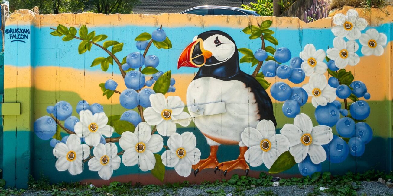 A colourful mural of a puffin standing among branches of blueberries and white flowers, set against a soft striped background, painted on a wooden fence.