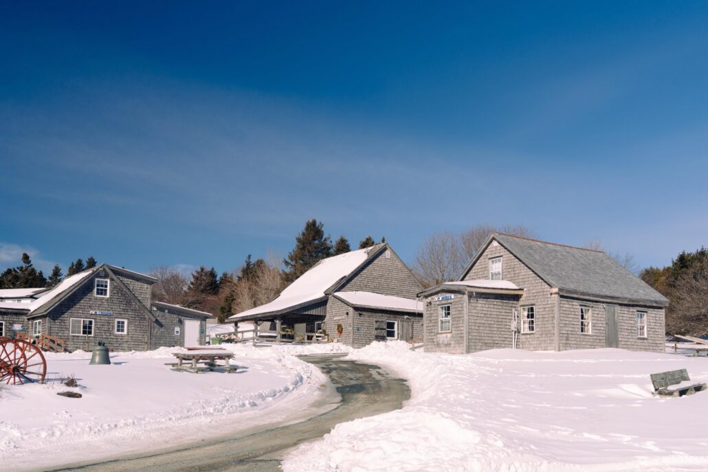 Exterior of L’Acadie de Chezzetcook in winter.